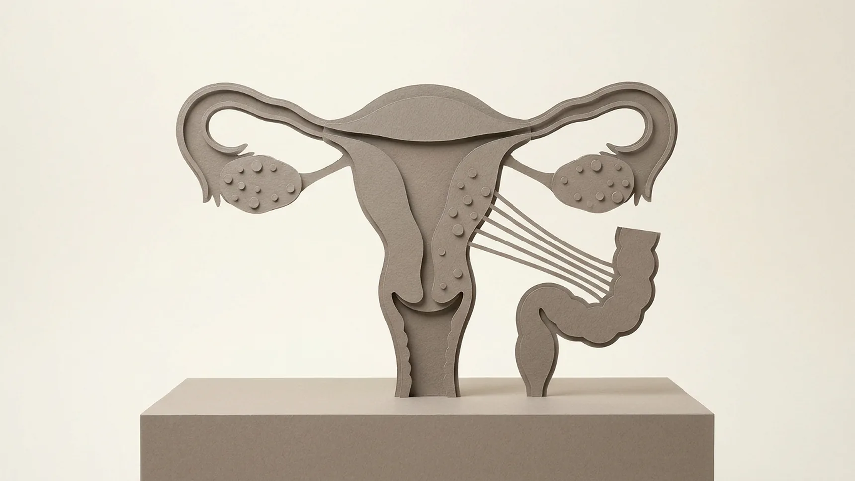 회갈색 종이로 오린 자궁과 양쪽 난소 바깥과 자궁 뒤쪽에 작은 병변 알갱이가 흩어지고, 가는 띠가 자궁 뒤와 장 고리를 묶어 당기는 그림
