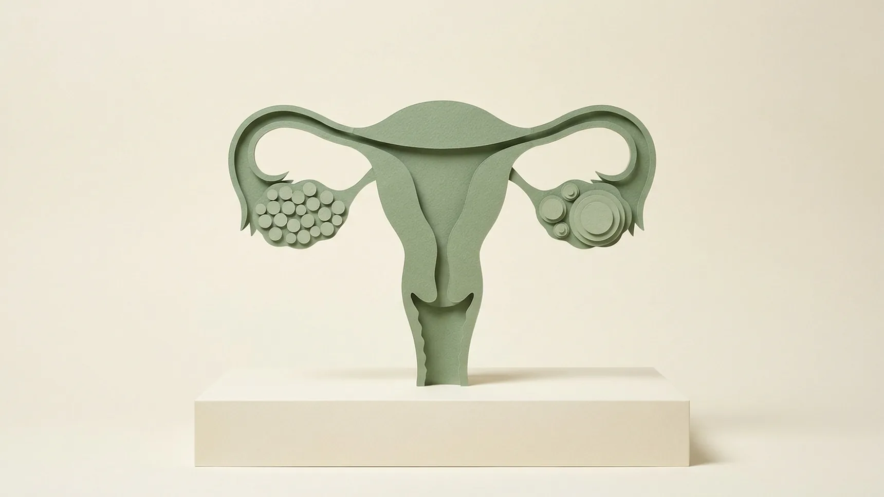 자궁과 양쪽 난소를 종이로 만든 해부 조각 — 한쪽 난소엔 작은 난포들이 멈춰 있고 다른 쪽엔 난포 하나만 크게 자란 모습